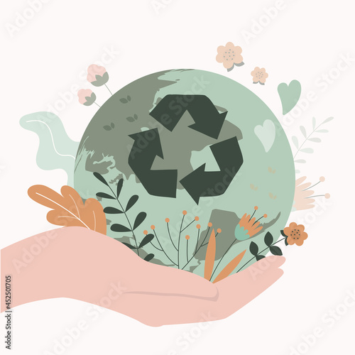 Hand holding planet with recycling symbol. Zero waste movement support. Environmental protection and green living