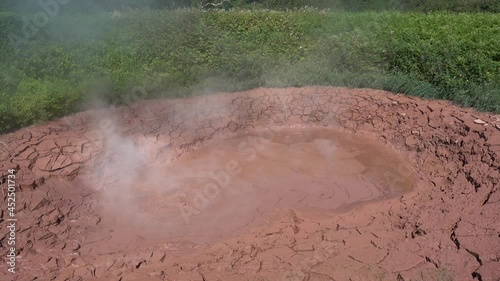 A hot spring - a mud pot boils in the Valley of Geysers, Kamchatka. There are bubbles on the water, steam is flying up. The clay edges are cracked. There is green vegetation around