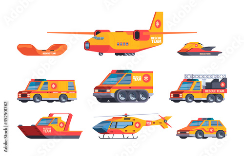 Rescue cars. Accident transport lifeguard service fast ambulance machines flight workers hospital helicopters garish vector flat illustrations set