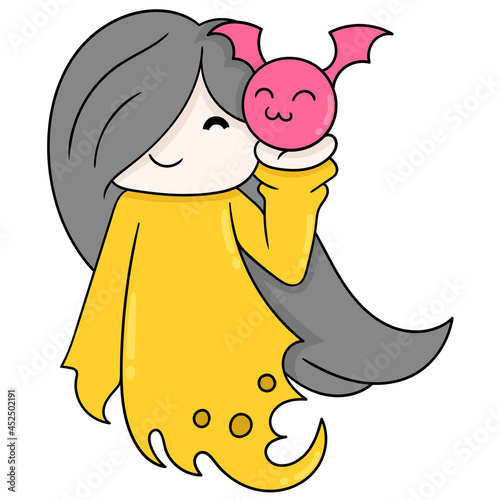 woman in halloween ghost dress carrying cute bat, doodle icon image kawaii