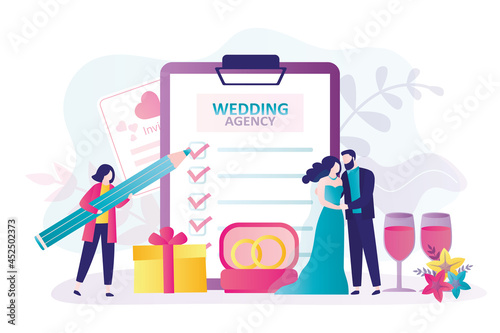 Organizer notes completed cases on checklist. Bride and groom in wedding dress, suit