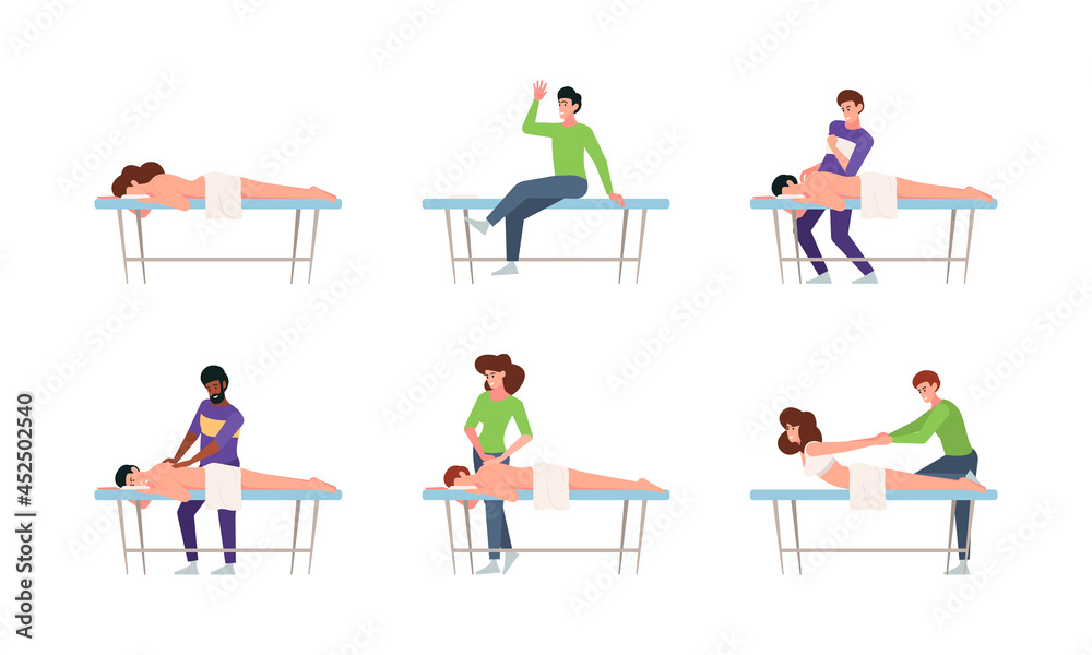 Therapist. Manual healthcare doctor touching patient body relaxing wellness spa massage garish vector therapiest concept flat vector illustrations collections Therapist. Manual healthcare doctor touching patient body relaxing wellness spa massage garish vector therapiest concept flat vector illustrations collections