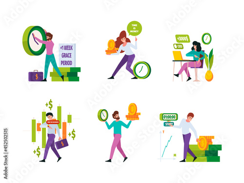 Time is money. Business concept with clocks timers currencies visualization investors push money coins capital revenue garish vector flat pictures set
