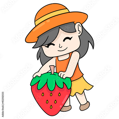 gardening girl harvesting giant strawberries, doodle icon image kawaii