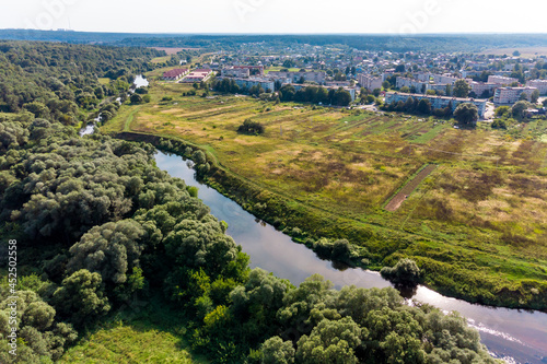 Aerial view from the Protva river to the city of Ermolino  Borovsky district  Kaluzhskiy region  Russia - August 2021