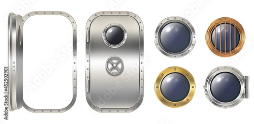 Porthole windows. Safe round metalic doors and spaceship illuminators decent vector steel window holes realistic