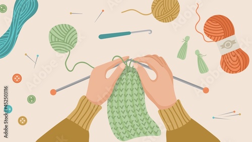 Hand knitted. Hands knitting, knit cloth from wool thread. Autumn or winter time, hygge concept. Handcraft hobby vector background