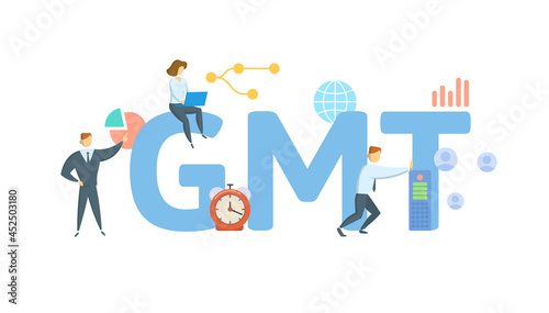 GMT, Greenwich Mean Time. Concept with keyword, people and icons. Flat vector illustration. Isolated on white.