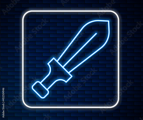 Glowing neon line Sword toy icon isolated on brick wall background. Vector