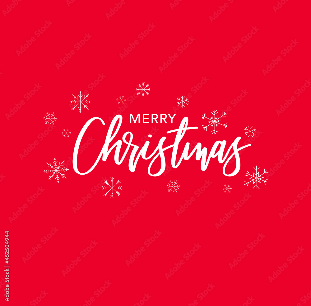 Merry Christmas Holiday Card Vector Illustration Calligraphy Text Design with Snowflakes Over Red Background