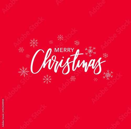 Merry Christmas Holiday Card Vector Illustration Calligraphy Text Design with Snowflakes Over Red Background