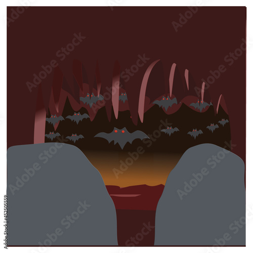 Swarms of bats are flying out of the cave, looking for food. illustration of a halloween background