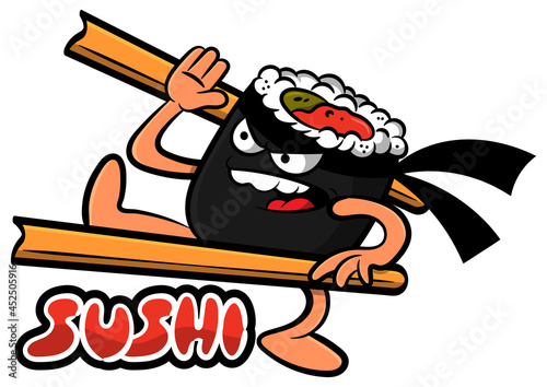 Funny little Sushi cartoon characters wearing karate headband and fighting with chopstick, don't want to eat, best for sticker, logo, mascot for Japanese traditional sushi restaurant