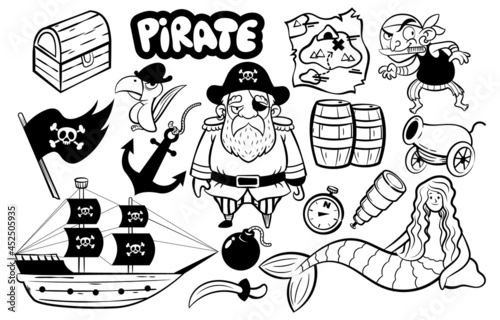 set of black and white Pirate life mythology cartoon characters, treasure hunter, golden age of piracy, best for wallpaper, background, and decoration with pirates life themes for children