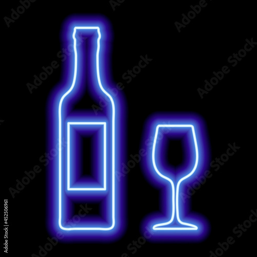 Blue neon outline of a bottle of wine with a label and a glass on a black background. Bar icon
