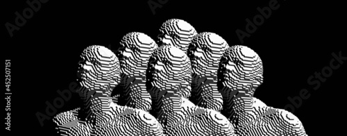 Group of people for design. Business team. Artificial intelligence concept. 3D human body model. Voxel art. Vector illustration.