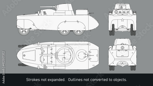 Armored car BAD-2 - USSR - WW2. Top, side, back and front view.