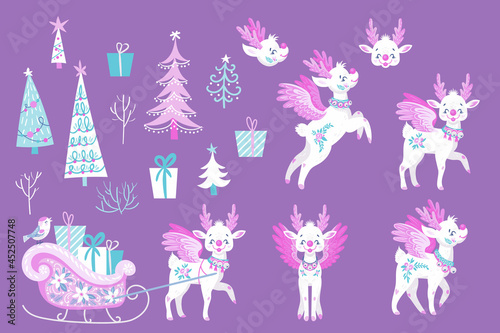 Set with cute fairy deers and Christmas trees