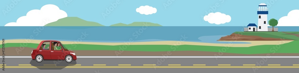 Happy family travels with a classic mini car for banner.  Asphalt road near the sea beach. Background with beautiful sandy beach and lighthouse. Copy Space Flat Vector Illustration.