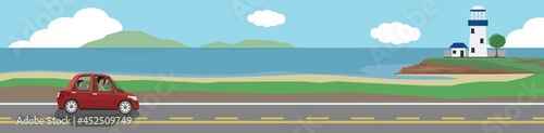 Happy family travels with a classic mini car for banner. Asphalt road near the sea beach. Background with beautiful sandy beach and lighthouse. Copy Space Flat Vector Illustration.