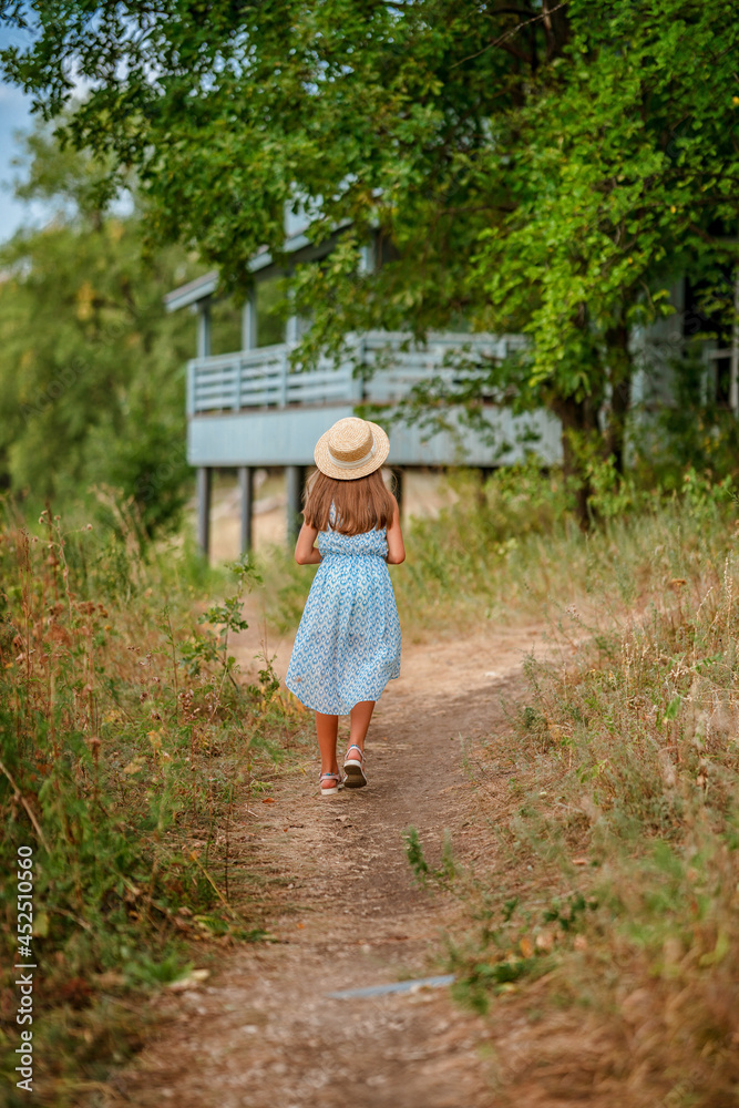Rear view of a cute little girl walking along a small farm path in the countryside to a traditional wooden house painted blue