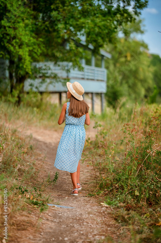 Rear view of a cute little girl walking along a small farm path in the countryside to a traditional wooden house painted blue © KseniaJoyg