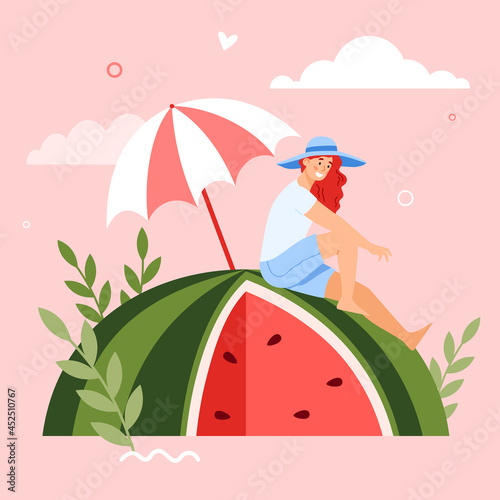 Summer banner with woman sitting on watermelon, flat vector illustration.