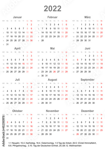 Einfacher Kalender 2022 mit gesetzlichen Feiertagen für Deutschland