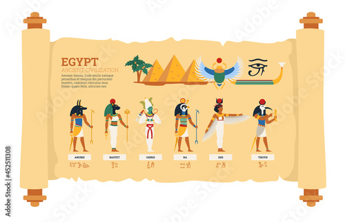 Scroll with symbols and gods of ancient Egypt, flat vector illustration isolated.
