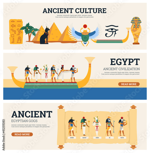Banners set of Egyptian culture and antiquity, flat vector illustration.