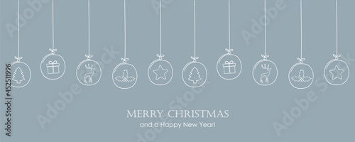 christmas card with tree balls decoration on grey blue background