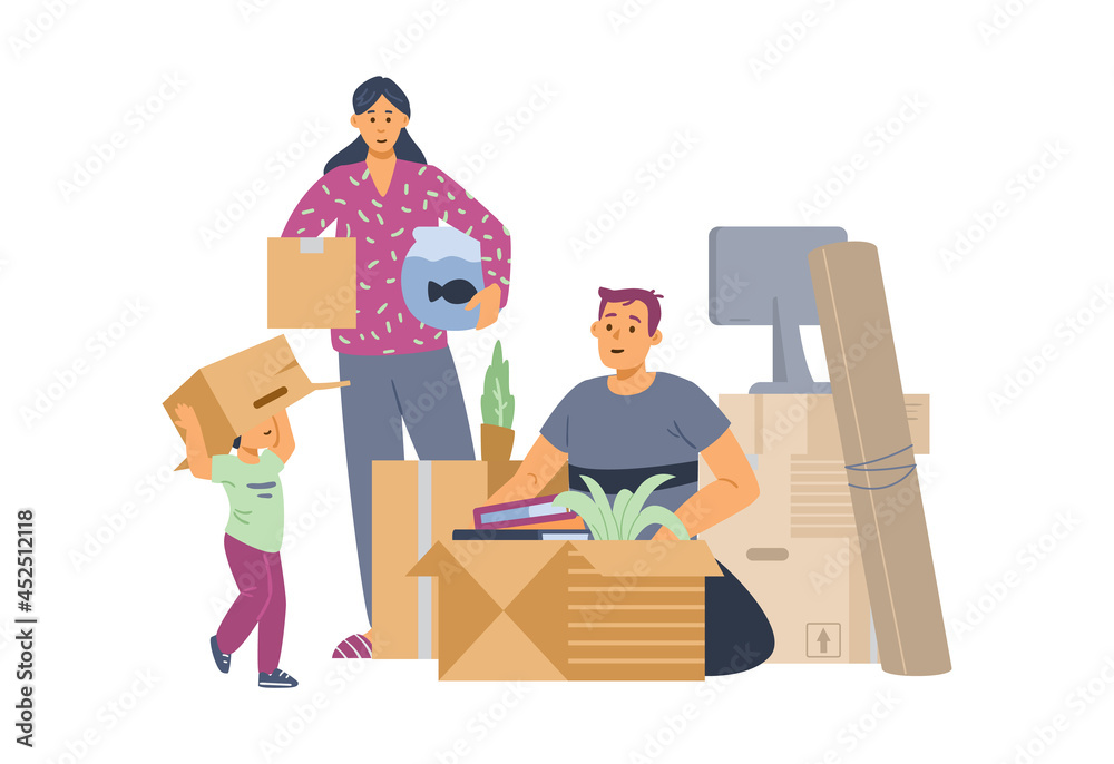Family packing things for moving to new house, flat vector illustration isolated. Family packing things for moving to new house, flat vector illustration isolated.