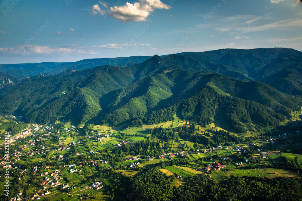 Bistrita Bargaului and the Calimani Mountains seen
  by plane, Romania, August 2020