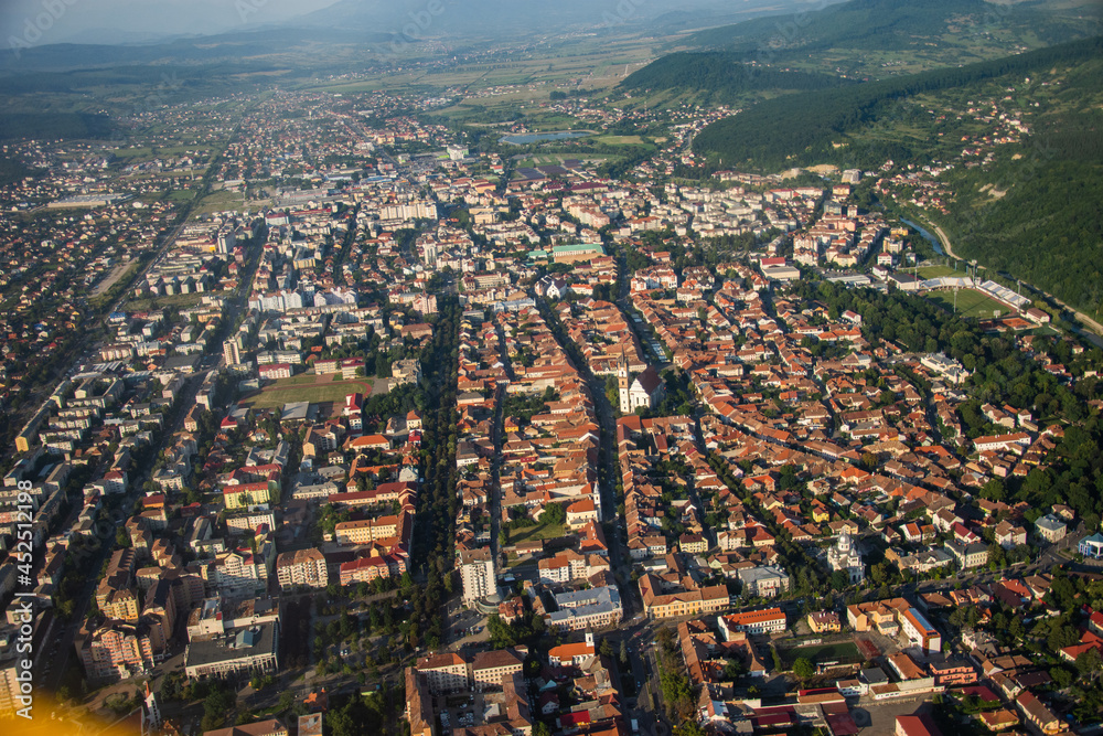 ROMANIA Bistrita Panoramic aerial view,The Evangelical Church, august 2020