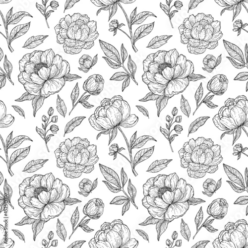 Black outline floral seamless pattern on white background. Beautyful vector botanical line art with peonies flowers and leaves.