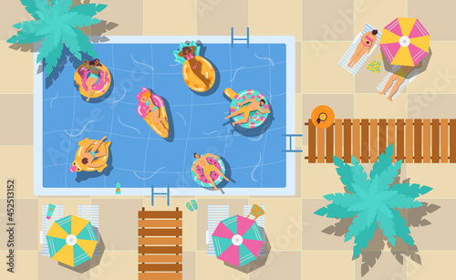 Top view of swimming pool with people lying around, flat vector illustration.