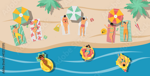 Top view of seacoast with people swimming in the sea, flat vector illustration.