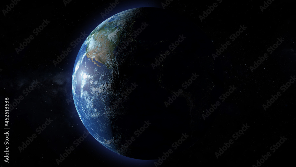 A view of the big blue marble Earth as seen from high orbit in space. Day/night terminator over the western hemisphere.	 - obrazy, fototapety, plakaty 