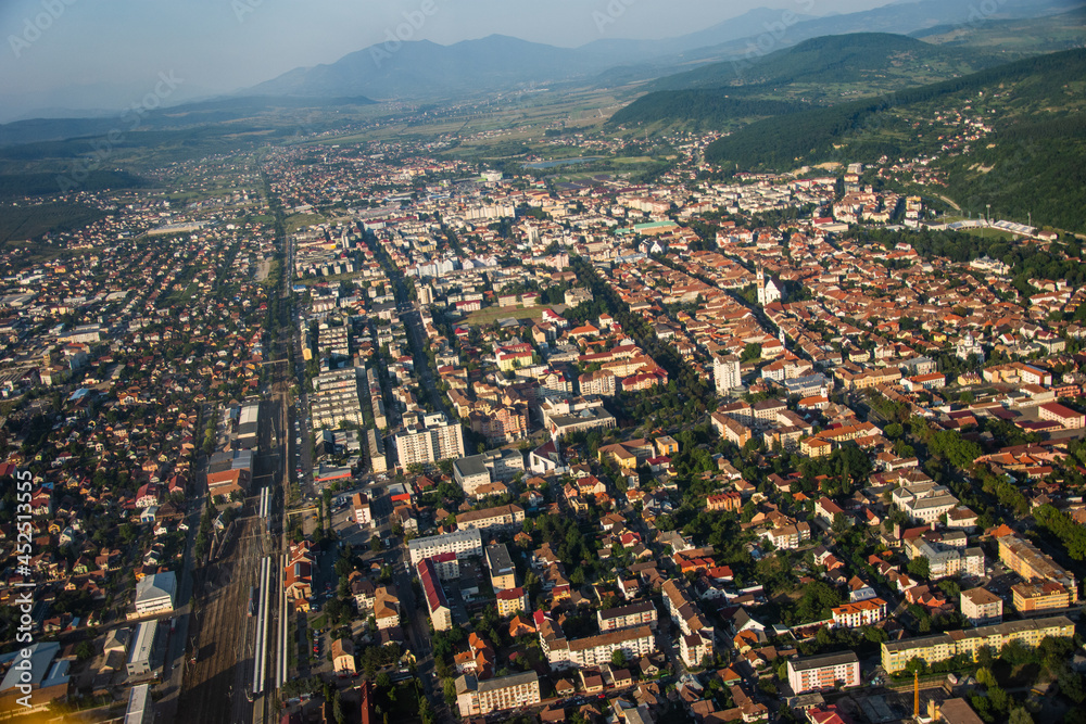 Obraz premium ROMANIA Bistrita Panoramic aerial view and Evangelical Church, august 2020