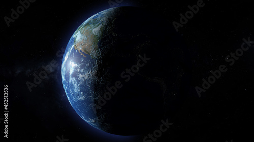 A view of the big blue marble Earth as seen from high orbit in space. Day/night terminator over the western hemisphere.	 photo