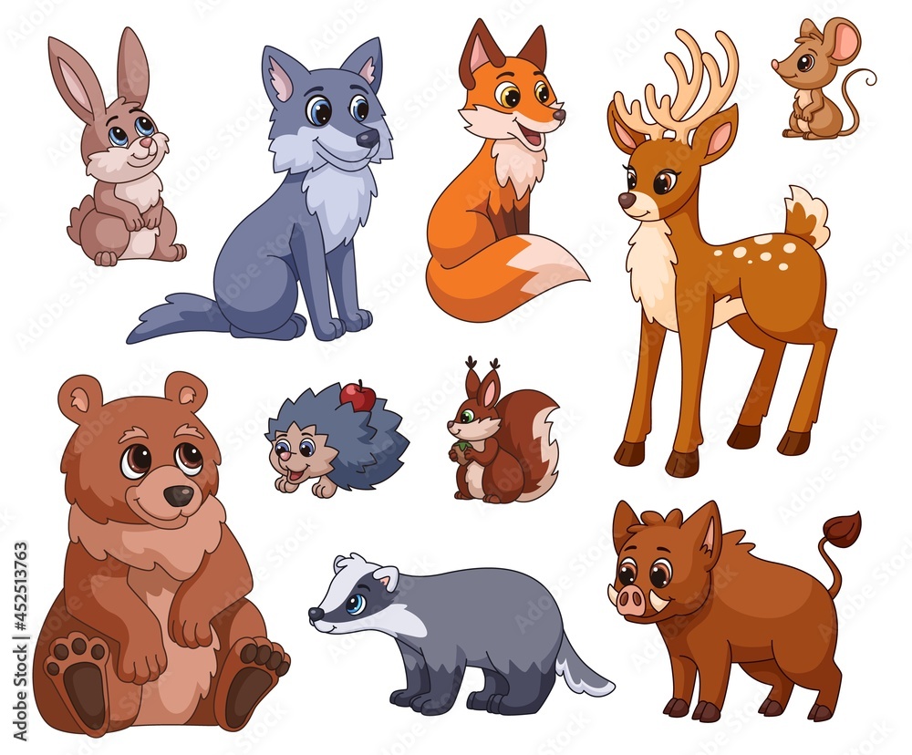 Fototapeta premium Cartoon forest animal. Nature animals, woodland cute squirrel, wolf, bear. Red fox and mouse for children print or stickers. Zoo wild garish vector characters