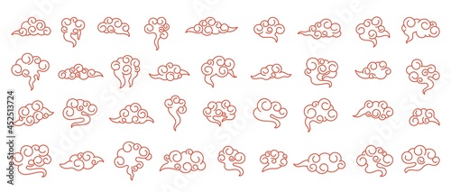 Asian clouds. Chinese cloud, japanese line elements. Isolated new year traditional festival, doodle asia korean symbols swanky vector set