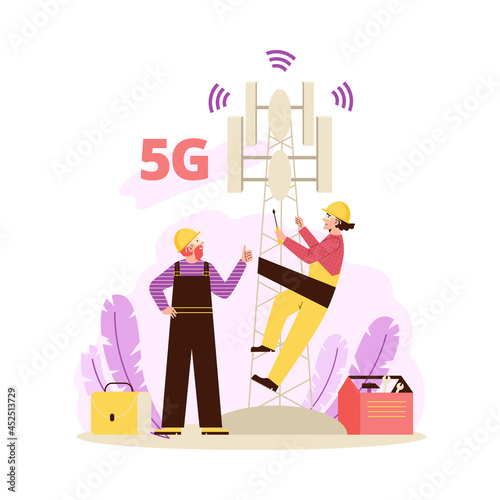 Workers installs speed 5g internet or mobile on telecommunication tower.