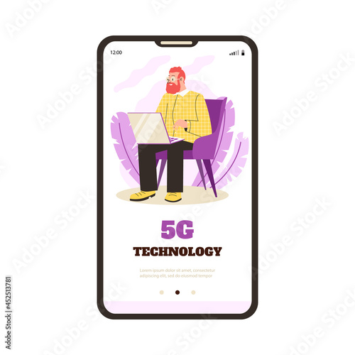 Smartphone screen with advertising of 5g technology for working or communication