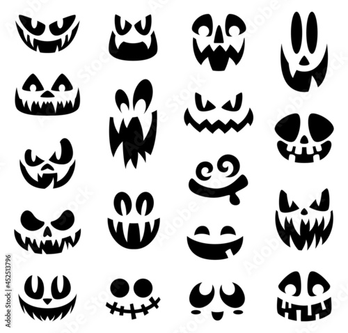 Scary halloween faces. Smiling face, halloween pumpkin or ghost cartoon creepy grin. Isolated black eyes and mouths, holiday masks garish vector set © LadadikArt