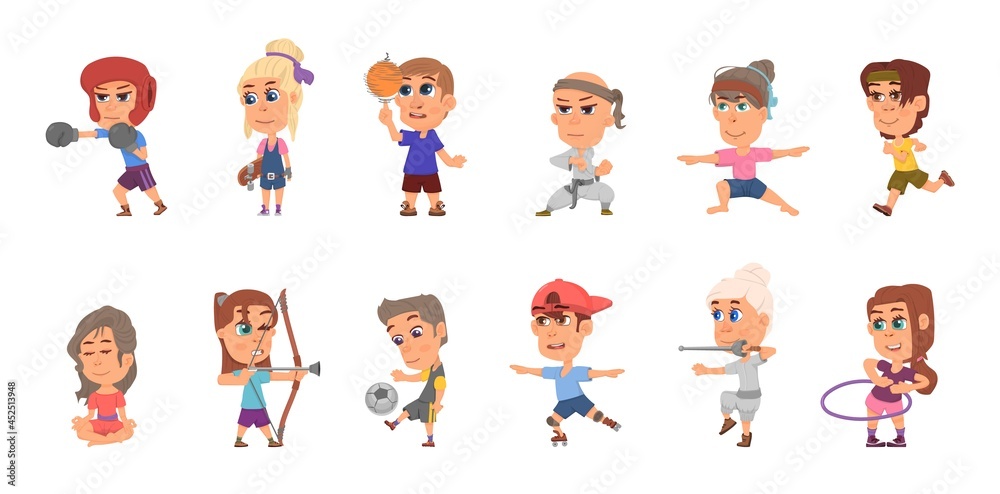 Kids sport characters. Student training, football player and fun team activity. Cartoon children athletes, isolated funny exercise decent vector set Kids sport characters. Student training, football player and fun team activity. Cartoon children athletes, isolated funny exercise decent vector set