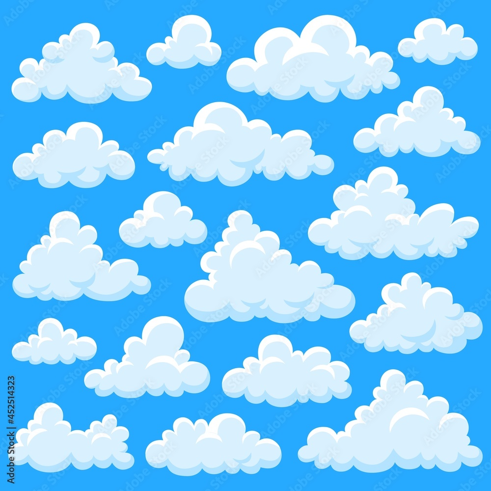 White cartoon clouds. Fluffy cloud, overcast elements fly on blue sky. Smoke shapes, summer heaven or game weather garish vector objects