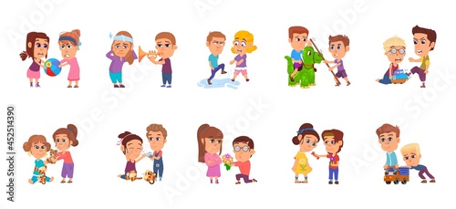 Bad and good children. Child share toy, happy and angry brother with sister. Family conflict, kids behavior. Isolated cartoon toddlers decent vector characters