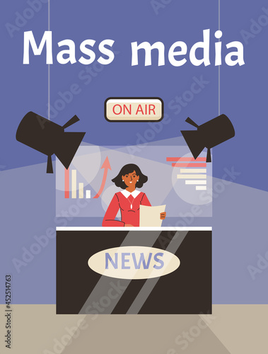Poster with journalist newscaster on air reads hot news in front of tv cameras