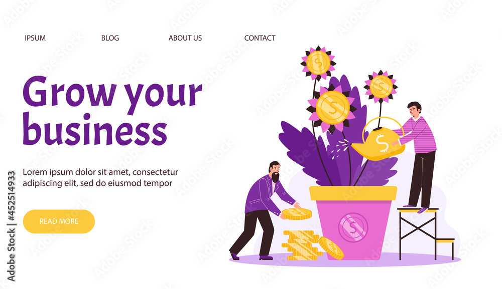 Web page with business persons watering money tree and collects golden coins. Web page with business persons watering money tree and collects golden coins.